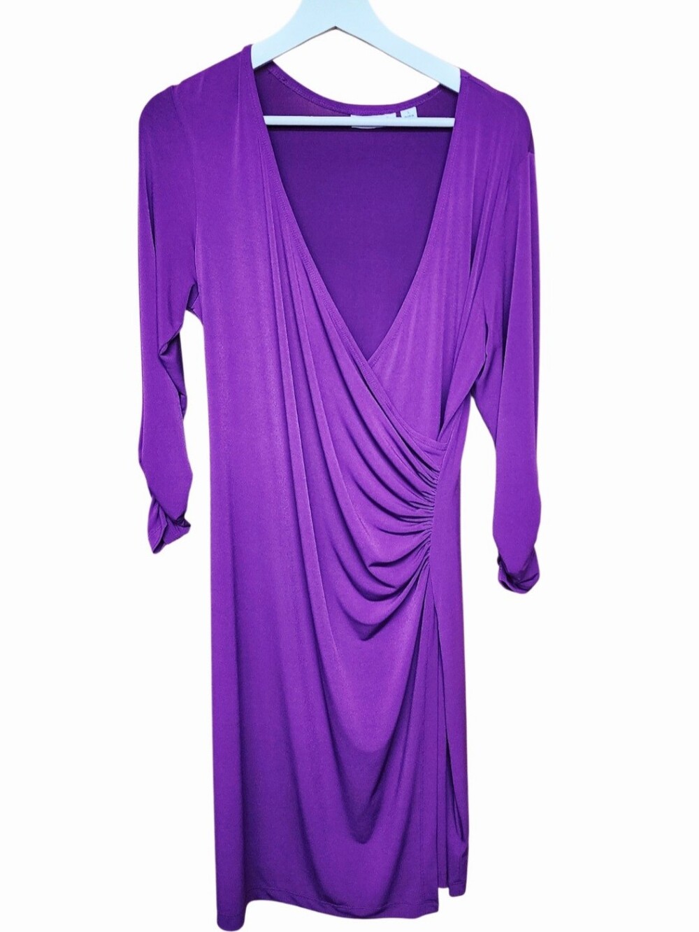 Susan Graver Purple Draped V-Neck Midi Dress Sz LG Stretch Comfy Cocktail Party